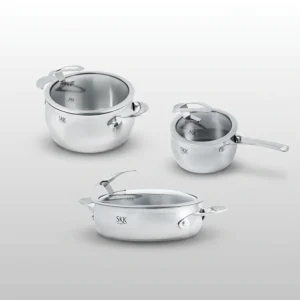 Der Designliebling  - Edelstahltopfset mit Glasdeckel, 6 - tlg., Bräter 24 cm, Kochtopf 20 cm, Stieltopf 16 cm